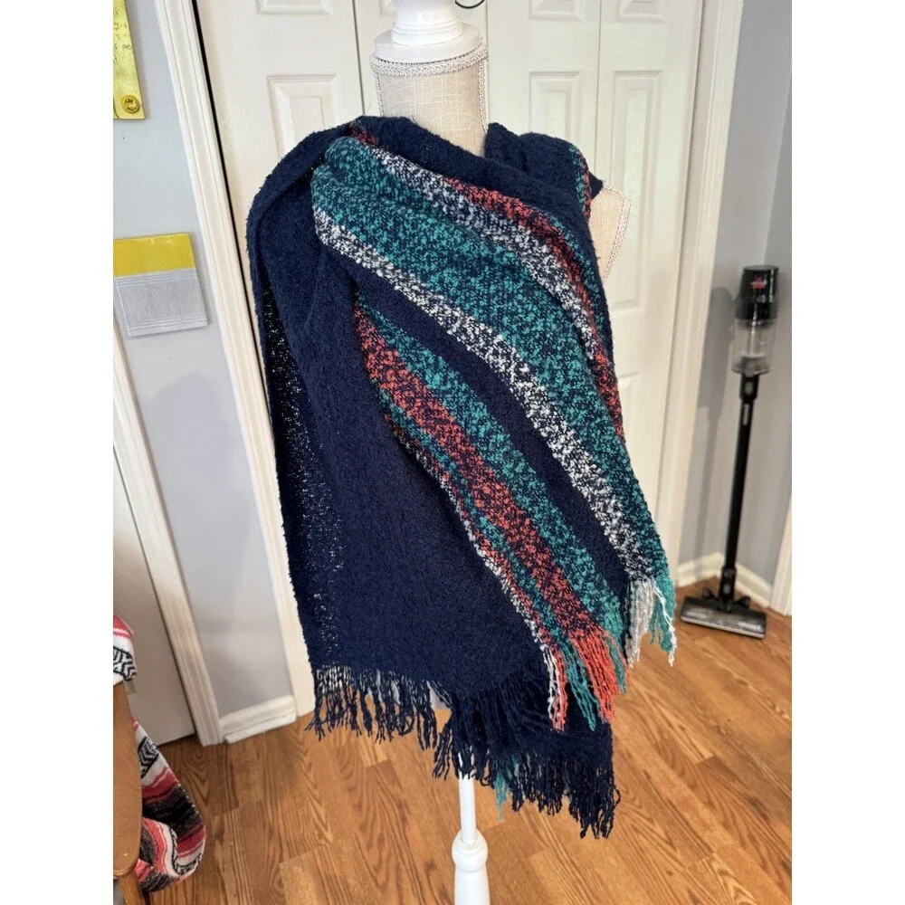 NWT MIXIT JCP Classics Navy Teal & Coral Plaid Oblong Fringe Scarf 24X72